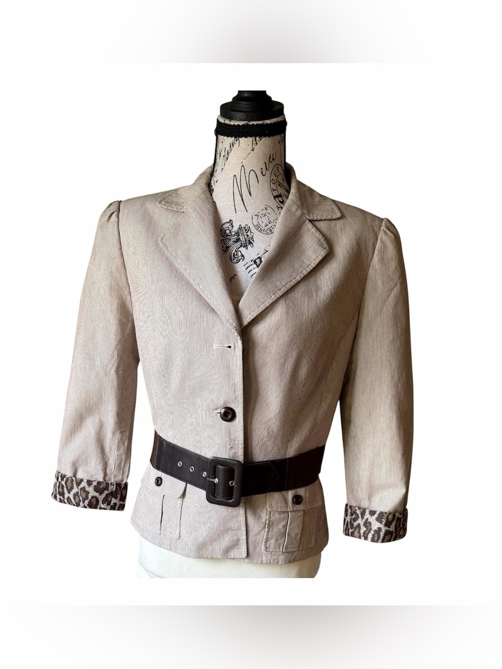 Tahari Arthur S. Levine Beige Tailored Blazer with Leopard Trim